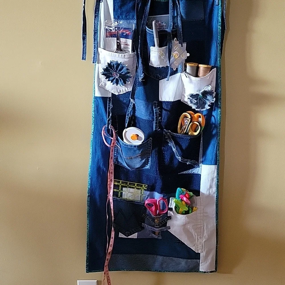 Upcycled Molly Made It Organizer Hand Crafted made from blue & white denim jeans